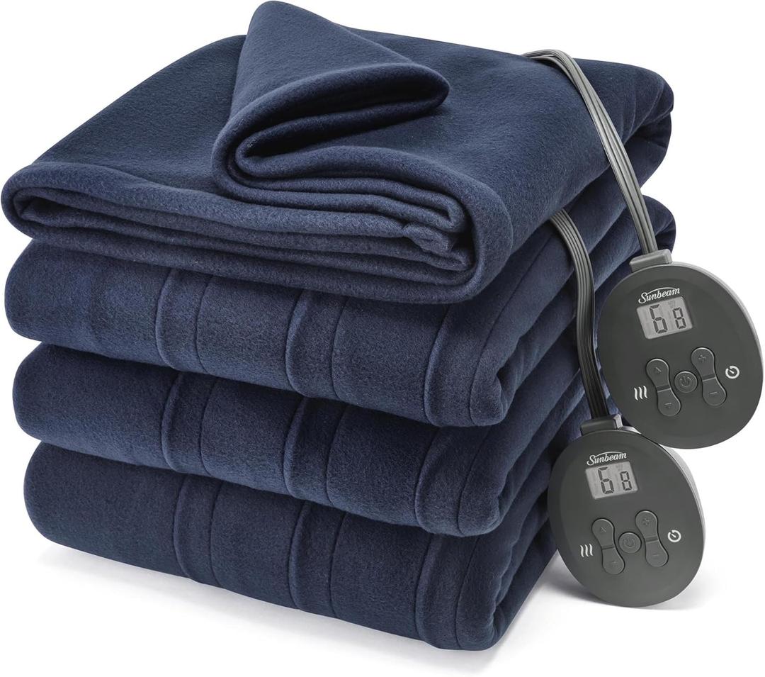 Sunbeam Heated Fleece Throw Blanket Soft Blue Queen 84X90” 10 Heat Settings NOB
