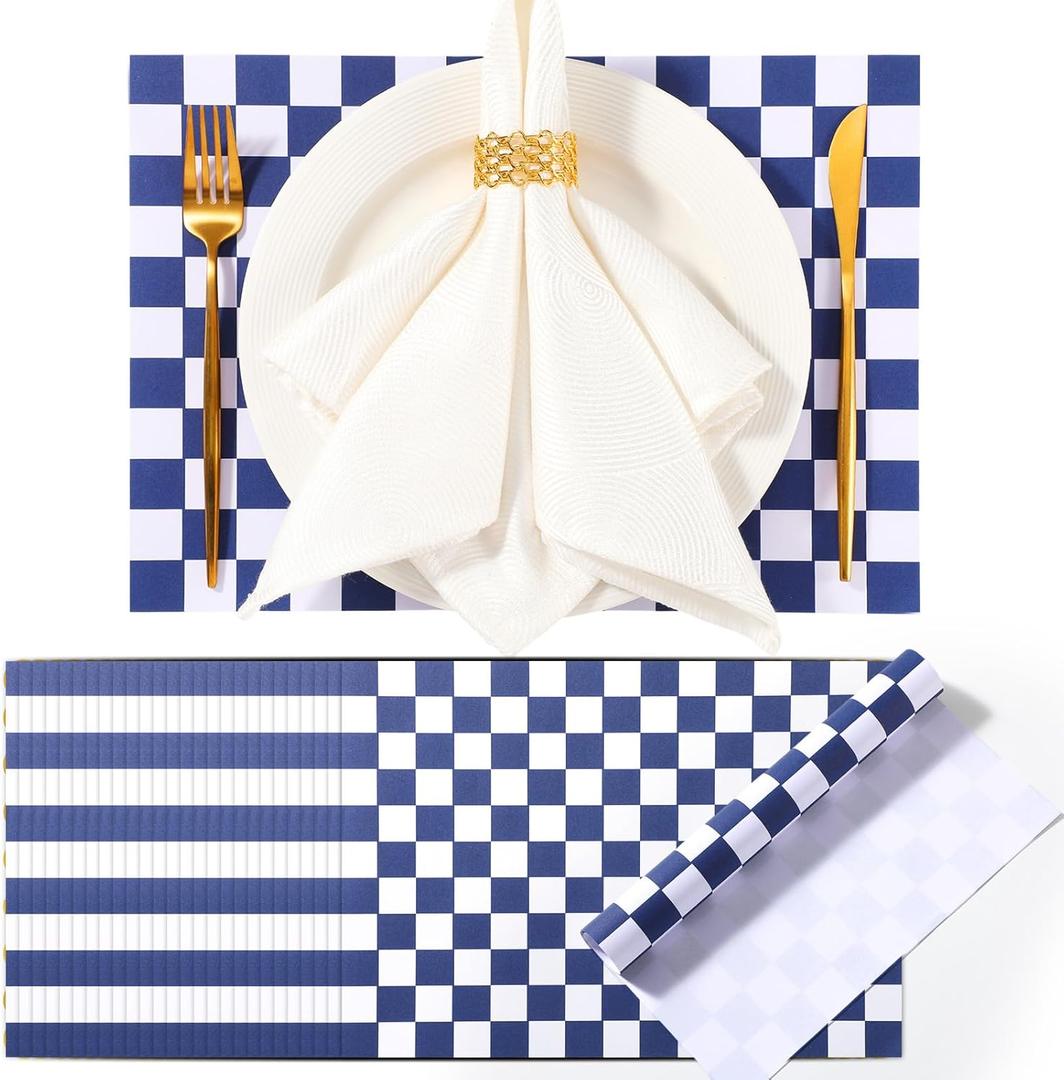 Tinlade 150 Pcs Paper Placemats Disposable Gingham Table Mats Summer Checkered Picnic BBQ Paper Bulk Table Place Mats for Dinner Birthday Party Decorations Kitchen,10"x14"(Blue,White)