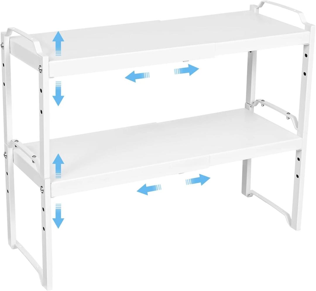 2 Pack Expandable Cabinet Countertop Shelves, Stackable Shelves Organizers For Kitchen Cabinet Countertop Storage, Adjustable Counter Cupboard Pantry Organizer Shelf Rack Stand, Length:20.5", White