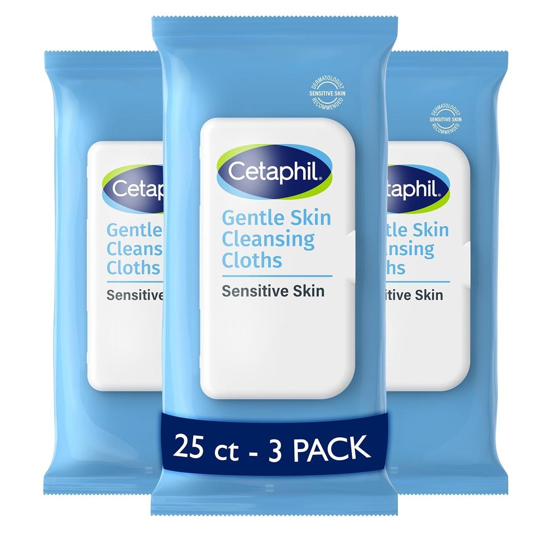 Cetaphil Face and Body Wipes, Gentle Skin Cleansing Cloths, 25 Count (Pack of 3), for Dry, Sensitive Skin, Flip Top Closure, Great for the Gym, Travel, in the Car, Hypoallergenic, Fragrance Free