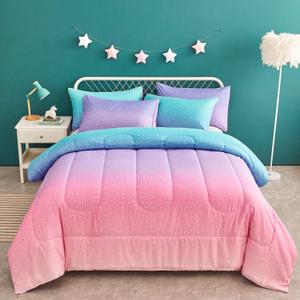 Yogeneg Rainbow Comforter Set Twin Size for Teen Girl &Boys Women,Metallic Star Moon Printed Mermaid Comforter with Pillowcase, Microfiber 2 Piece Bedding Set,All Season (Rainbow B, Twin)