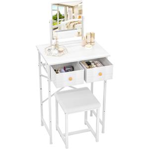 X-cosrack Small Makeup Vanity Desk with Mirror & Chair, 19.7"W Mini Vanity Desk Table Set with Fabric Storage Drawer, Compact Vanity Desk for Kids, Girls, Dressing Table with Chair for Bedroom, White