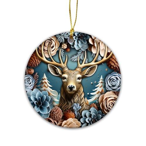 3D Effect Christmas Ornament 2024 | 3D Illusion Floral Deer Ceramic Ornament, Trendy Christmas Ornament, Winter Floral & Botanical, Modern Farmhouse Decor (Oh Deer)