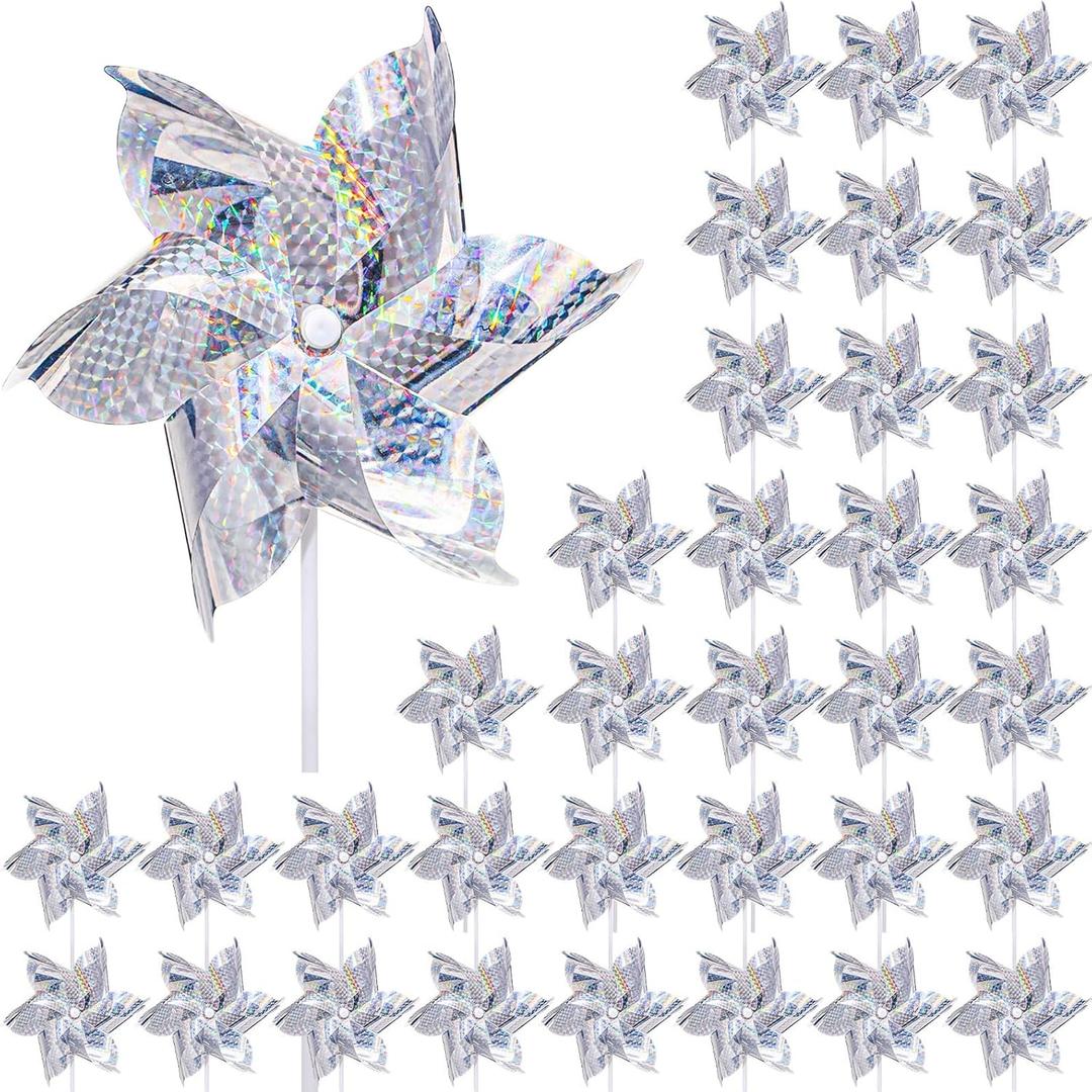 Qualirey 36 Pcs Reflective Pinwheels Bulk Silver Sparkly Pin Wheels for Yard and Garden Decor Bird Deterrent High Reflective Bird Repellent Devices Wind Spinner for Garden Lawn Farm Scare Birds