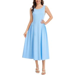 ZESICA Women's Spring Sleeveless Cocktail Dresses 2026 Summer Crewneck Flowy Wedding Guest Party A Line Midi Dress Blue S