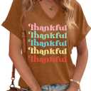 Thanksgiving Shirts for Women Thankful V Neck Shirt Family Thanksgiving Gifts Short Sleeve Tee Fall Top (Brown, S)