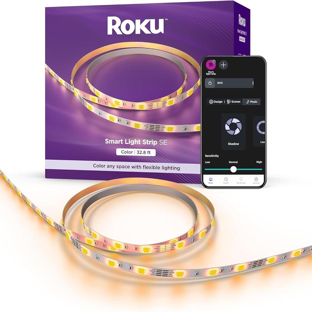 Roku Smart LED Light Strip, 32.8ft - Color Options with Adjustable Brightness & Temperature - Peel & Stick WiFi Smart Strip Lights Works with Roku Voice, Alexa & Google Assistant - Smart Home Products (32.8ft, Color)