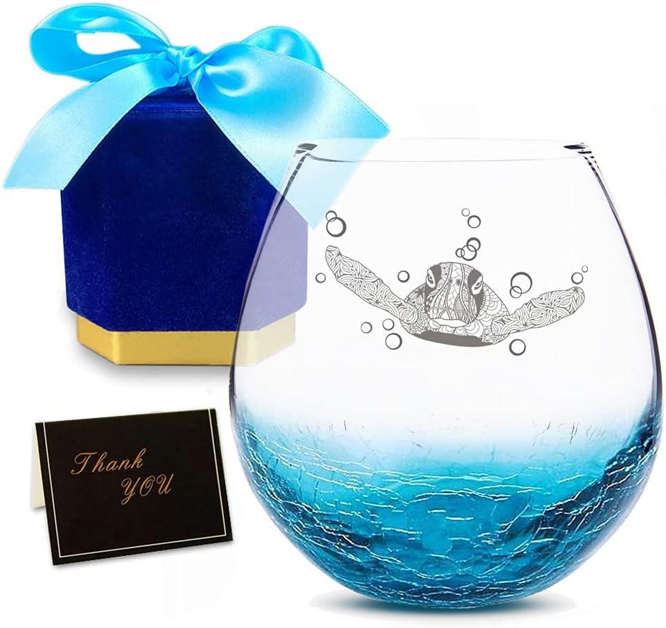 Etchpress Christmas Day Gifts for Mom from Daughter, Tribal Sea Turtle Handmade Engraved Crackle Turquoise Wine Glass for Beach, Gifts for Sea Turtle Lovers Women Men, 18 Ounces
