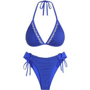 ZAFUL Women's Halter Triangle Bikini Set Crochet Boho Floral Swimsuit Cut Out Tie Side Two Piece Bathing Suit (Blue)