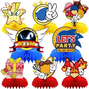 8Pcs Blue Hedgehog Party supplies set Honeycomb Centerpieces Double Sided Table Topper for Birthday Decorations