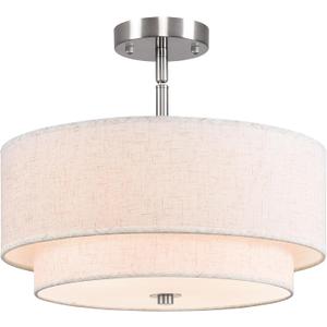 16" Semi Flush Mount Ceiling Light, Brushed Nickel 3 Light Double Drum Fabric Lampshade Lighting Fixtures for Living, Dining Room, Bedroom, Kitchen, Hallway (Canopy for Sloped/Flat Ceiling)