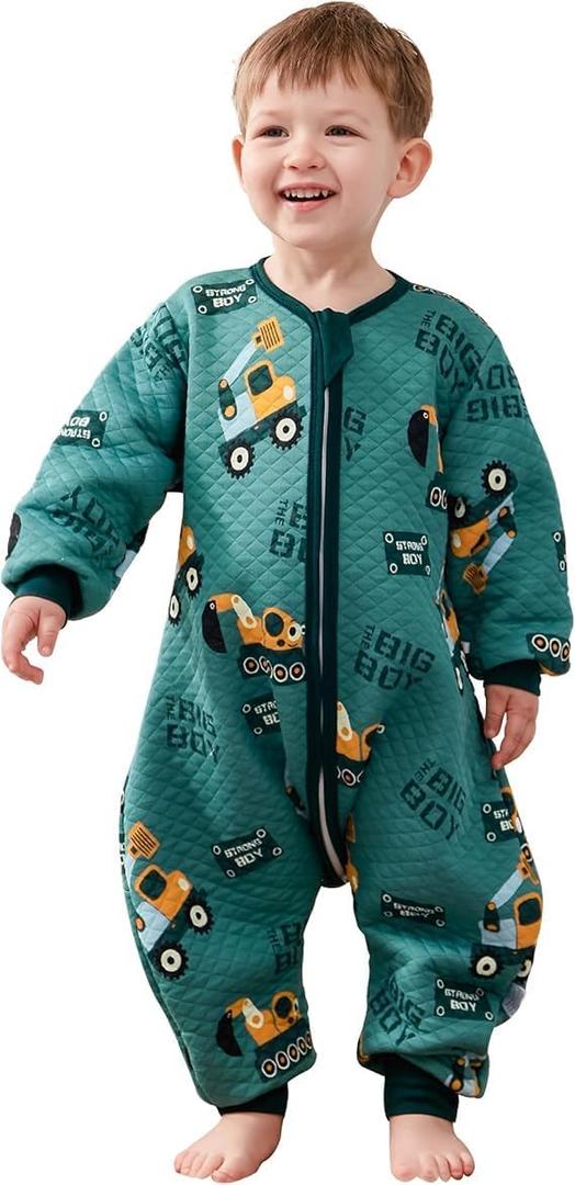 Toddler Sleep Sack with Feet, 1.5 TOG Wearable Blanket Toddler, Cotton Long Sleeves Sleep Sack 3-5T, Excavator (Large)
