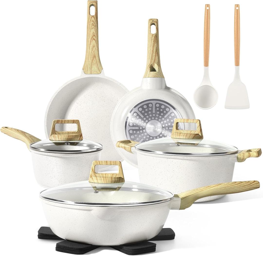 GiPP Pots and Pans Set Non Stick - 14 Pcs White Granite Kitchen Cookware Sets Nonstick Induction Cookware Cooking Pan Set with Frying Pans, Saucepans and Silicone Utensils, PFOS & PFOA Free