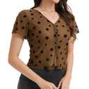 ZHANQISHENG Women's See Through Flocked Mesh Crop Top Y2k Clubwear Sexy Fitted V-Neck Tee with Decorative Placket (S, CF) Coffee