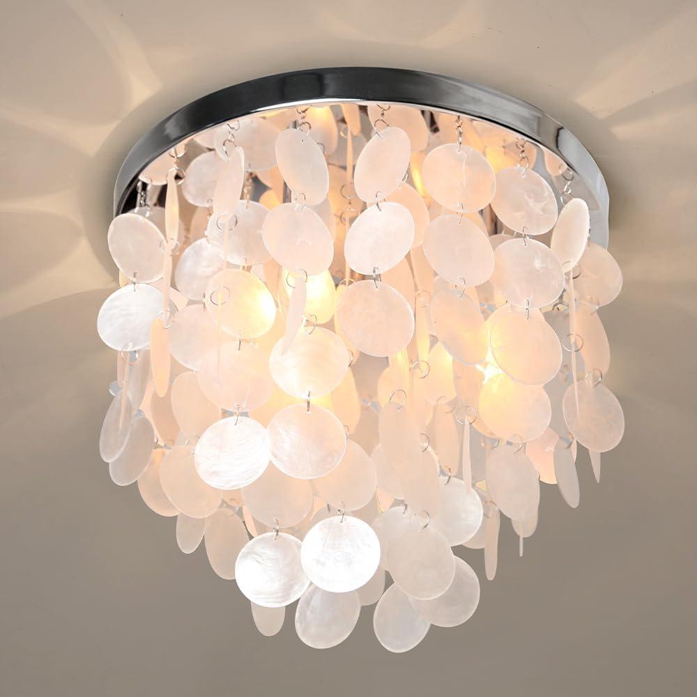 Capiz Flush Mount Ceiling Light, 3-Light Shell Light Fixtures Ceiling Light Fixtures for Living Room, Bedroom, Kitchen Island, Foyer, Entryway, Seashell Coastal, Chrome