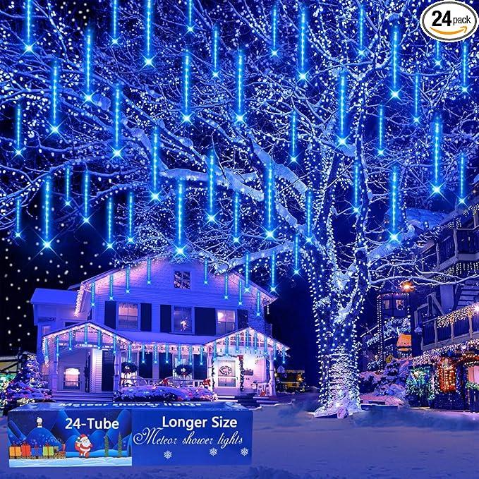Aokudoni Outdoor Christmas Decorations: 24-Tube Meteor Shower Lights 576 LED Snow Falling Icicle Christmas Lights Outdoor for House Tree Yard Garden Xmas Decor, UL Plug, Blue