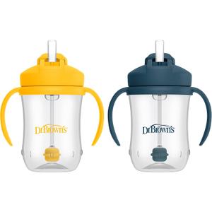 Dr. Brown's Milestones Baby's First Straw Cup, Training Cup with Weighted Straw, 9oz/270mL, Dark Blue/Vintage Yellow, BPA Free, 6m+, 2 Pack