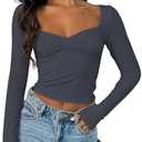 TiulZial Women's Long Sleeve Going Out Crop Top Sexy Pleated Trendy Shirt Sweetheart Neck Y2K Ruched Cropped Tops,M