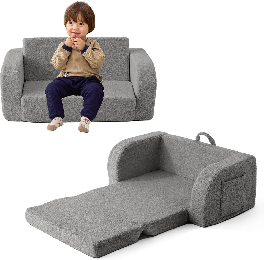 Toddler Couch, 2-in-1 Toddler Chairs Comfy 1-3 Years Old, Toddler Chair for Girls and Boys, Kids Couch Bed Fold Out, Convertible Baby Sofa to Lounge Chair for Playing, Reading, Napping, Double, Grey (Large)