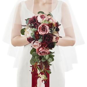 Serwalin 10 Inch Wedding Bouquets for Bride Bridesmaid, Burgundy Pink Bridal Bouquets for Bride, Artificial Bouquets of Flowers for Wedding Ceremony Bridal Shower and Anniversary Day Decor (Red)