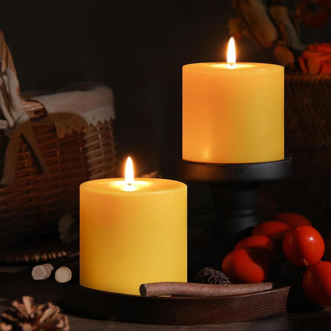 2 Pack Natural Beeswax Pillar Candles,100 Hours Burning Bees Wax Candles for Home, 100% Pure Beeswax Candle for Emergency, Prayer, Smokeless, Non-toxic-3X3 in (Yellow)