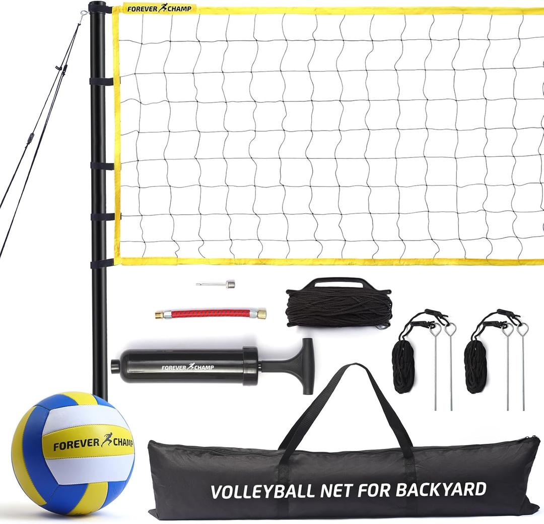 Forever Champ Volleyball Net for Backyard, Beach, Home, Includes 32x3 Ft Regulation Size Net, 8.5-Inch PU Volleyball, Carrying Bag, Boundary Lines, Steel Poles & Pump, Portable Volleyball Net Outdoor
