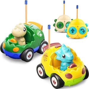 2 Pack Dinosaur Toys for Toddlers 2 3 4 5 6 Years Old - Remote Control Cars RC Cars with Music, Lights and Sound Effect, Birthday Toys for Boys Kids(Yellow Green)
