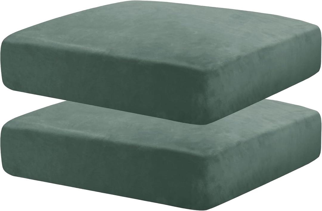 MAXIJIN Velvet Stretch Cushion Covers Couch Cushion Slipcovers Loveseat Sofa Cushion Covers for Individual Cushions with Elastic Bottom (2 Piece Loveseat Cushion Covers, Pea Green)