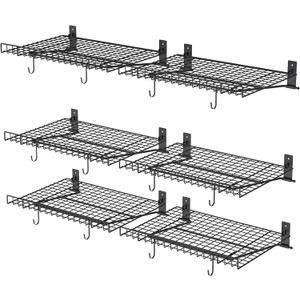 6 Pack Foldable Wall Shelf, Wall Mounted Garage Storage Shelves, Heavy Duty Wall Shelving Supports Up To 270 LBS. Floating Shelves With 12 Hooks Metal Storage Rack for Office, Kitchen and Laundry Room