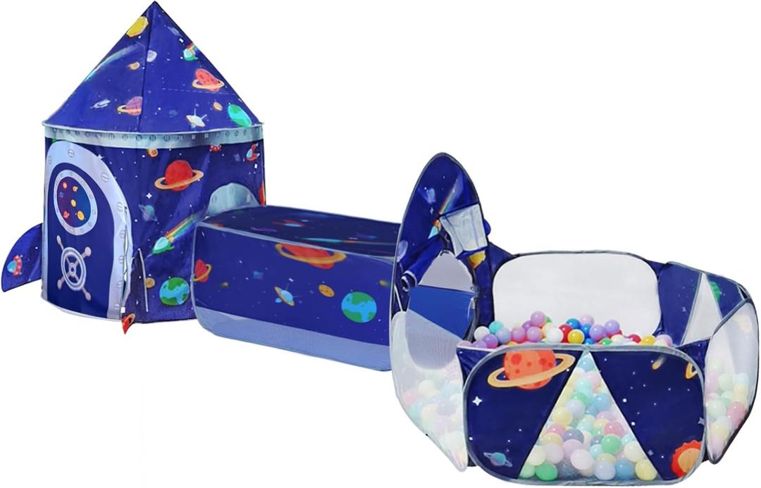 Gift 3pc Rocket Ship Kids Play Tent, Ball Pit, Crawl Tunnel, Toddlers Playhouse Castle Toys, Baby Boys Girls Gift for 3 4 5 6 7 Year Old, Outdoor Indoor(Balls Not Included)