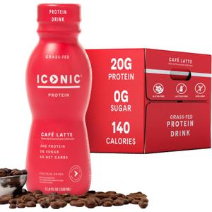 Iconic Protein Drinks, Caf Latte (12 Pack) - Sugar Free & Low Carb - 20g Protein + 100mg Caffeine - Lactose Free, Gluten Free - Keto Friendly Protein Coffee BB 09/2025
