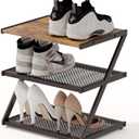 Shoe Rack, Z-Frame Wooden Shoe Shelf with Heavy-Duty Metal Mesh Shelves for Hallway, Living Room, Closet, and Bedroom Organization - Organize Your Shoes in Style (16.54" x 10.24" x 16.14") (Rustic Brown)