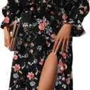 BLENCOT Womens Casual Square Neck Long Sleeve Boho Floral Midi Dress Print Side Split Dresses (X-Large)