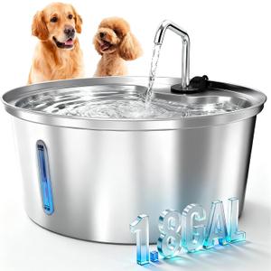 Dog Water Fountain Stainless Steel, 7L/1.8Gal Pet Fountain Water Bowl with Multi-Filtration & Deeper Drinking Aera, Large cat Water Fountain with Water Window & LED, Ultra-Quiet
