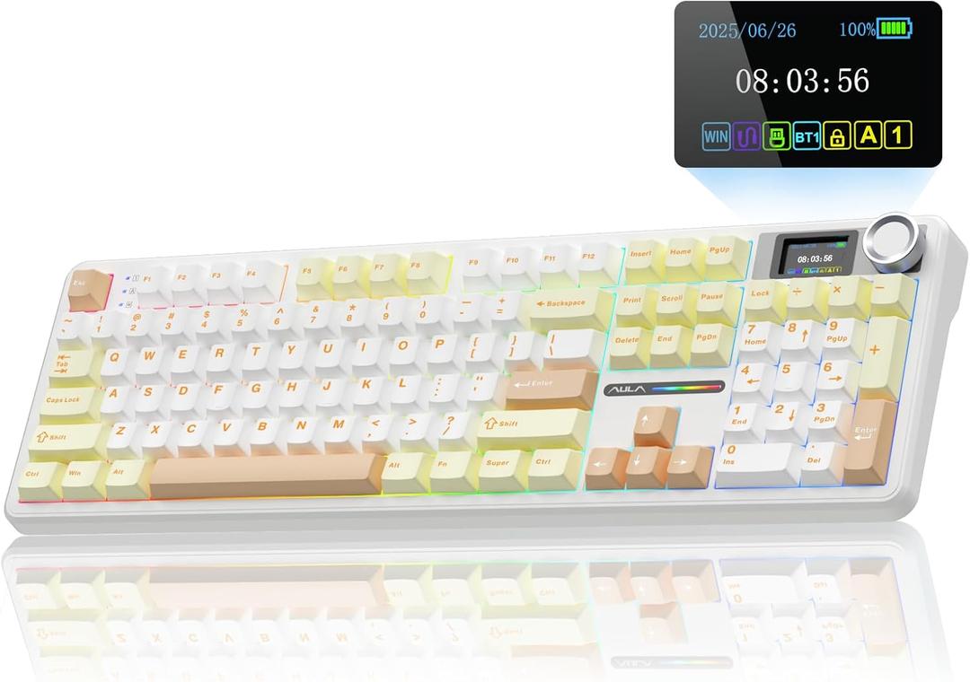 AULA F108 PRO - Wireless Mechanical Keyboard with Screen&Knob,Hot Swappable Gaming Keyboard with 8000mAh Battery,Pre-lubed Switches,RGB Backlit,PBT Keycaps Creamy Sounding Computer Keyboards,104 Keys