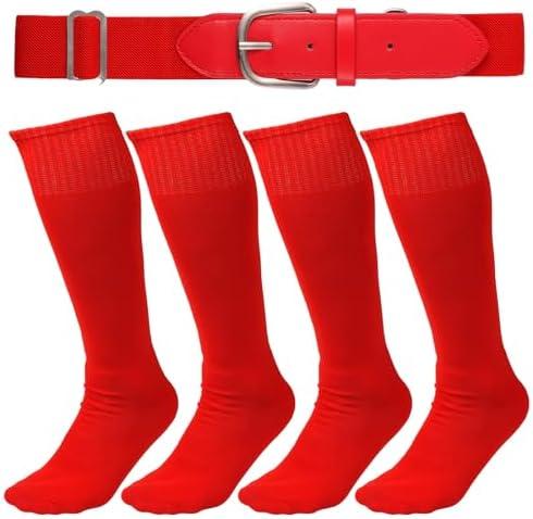 lasuroa Pair of 2 Baseball Socks and Belt Combo, Red Softball Football Soccer Adjustable Sport Knee High Sock for Unisex Youth 5.9x10.23 in