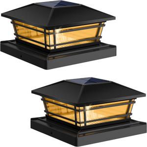 Solar Post Cap Lights Outdoor 2Pack [LED Bulb, 2 Brightness Setting] Fence Post Solar Lights Waterproof for 4x4 5x5 or 5.5x5.5 Wood Posts, Warm Bright Bulb Lighting for Garden Deck Yard (Black)