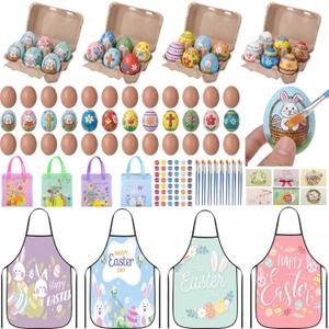 Novabright 54 Pcs Wooden Easter Egg DIY Painting Kit Bulk Wood Eggs with Cartons Aprons Paints Tote Bags Cards Easter Crafts Basket Stuffers Spring Party Favors Egg Decor Gifts(Brown)