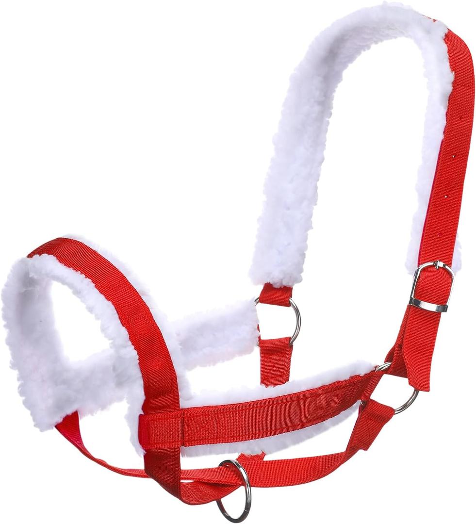 Horse Halter Christmas Horse Costume Red Bridle Rope with White Flannel Lined Prevents Rubs Adjustable Fit for Shows Xmas Parade
