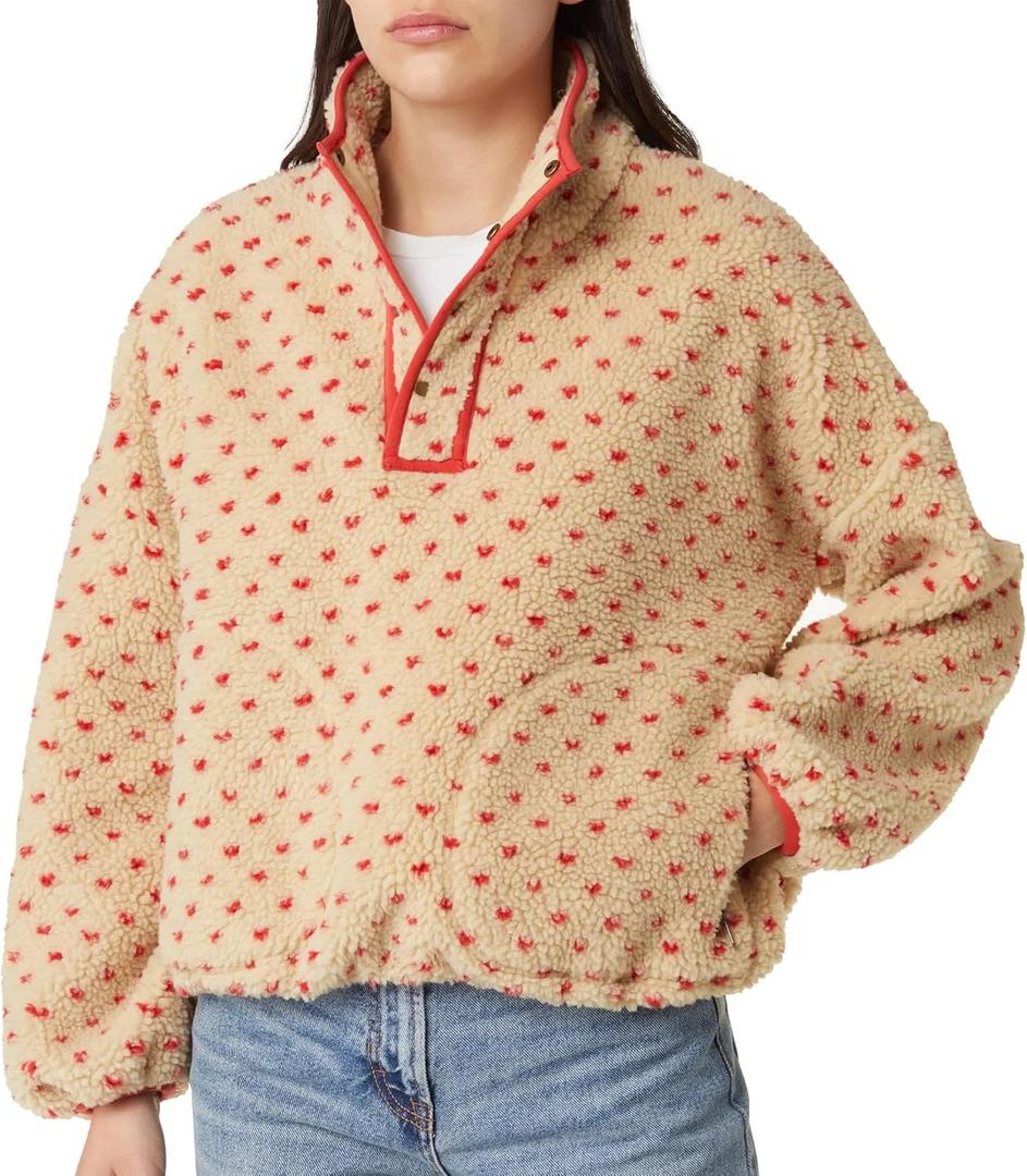 Fuzzy Fleece Jacket Women Long Sleeve Half Button Down Tops Casual Sherpa Pullover Sweatshirt Warm Winter Outerwear (Large, Red)