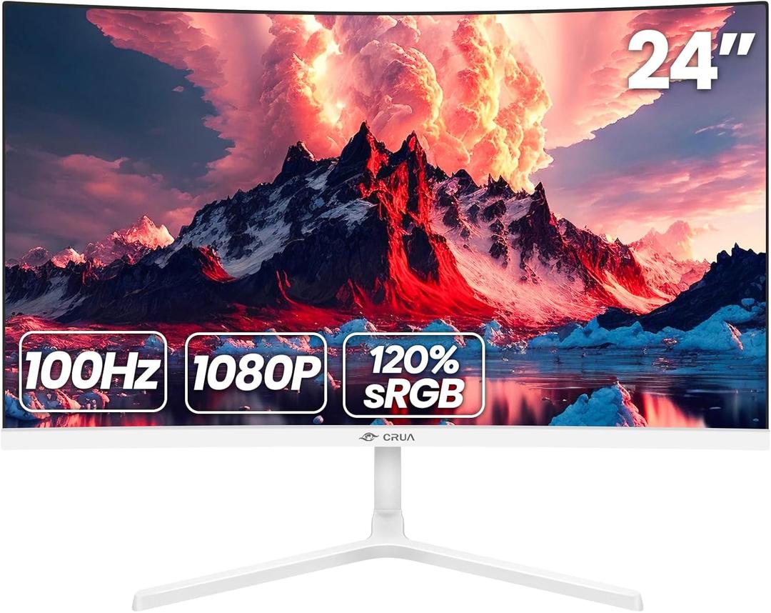 CRUA 24 Inch Curved Monitor, FHD(19201080P) 100HZ 120% sRGB Computer Monitors, Narrow Bezels on Three Sides, Blue Light Filter PC Monitor for Home, Office and Dormitory(HDMI, VGA)-White
