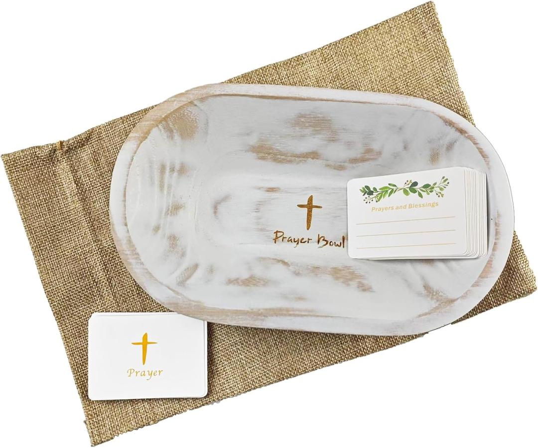 Fight Club Wood Prayer Dough Bowl, congregation gifts Christian Easter and Christmas Cross Religious Gifts,Farmhouse Decor Rustic with 24 Blessing Prayer Cards with Linen Bag 9.5x6x2.5 (1 set)