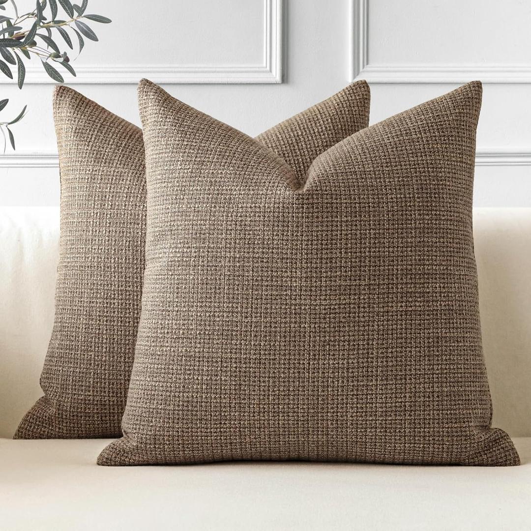 OTOSTAR Pack of 2 Throw Pillow Covers 18x18 Inch Linen Coffee Brown Pillowcases Farmhouse Decorative Solid Pillow Covers 45x45 cm Square Cushion Case for Home Decor Sofa Couch Bed (Coffee Brown)
