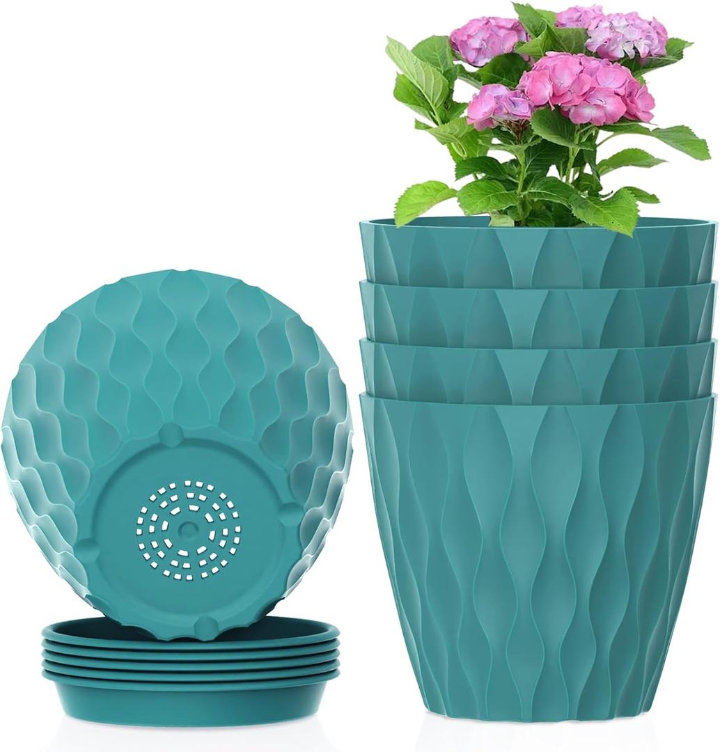 4 inch Small Plastic Nursery Pots, 5 Pack Water Ripples Flower Pots for Indoor Plants, Plant Pots with Drainage Holes and Saucers, Seedling Starter Planters for House Plants, Blue Green
