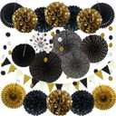 ZERODECO Party Decoration, 21 Pcs Black and Gold Hanging Paper Fans, Pom Poms Flowers, Garlands String Polka Dot and Triangle Bunting Flags for Birthday Parties Wedding Dcor, Table & Wall Decorations