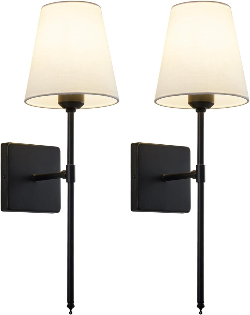 Wall Sconces Sets of 2, Bathroom Vanity Sconces Wall Lighting with White Fabric Shades, Hardwired Retro Industrial Wall Lamps, Wall Lights Suitable for Bedroom Living Room (Black)