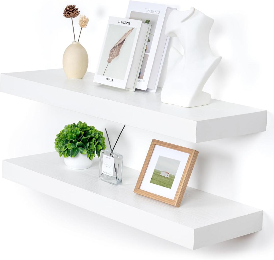 FLYJOE Deep Floating Shelves | 36 Inch White Floating Shelves Set of 2 | 12 Inch Deep Rustic Wood Shelves for Wall | 36" W x 12" D White Shelves for Living Room Bathroom Laundry Room Kitchen, 35.6W x 11.6D x 2H, 2 Pack