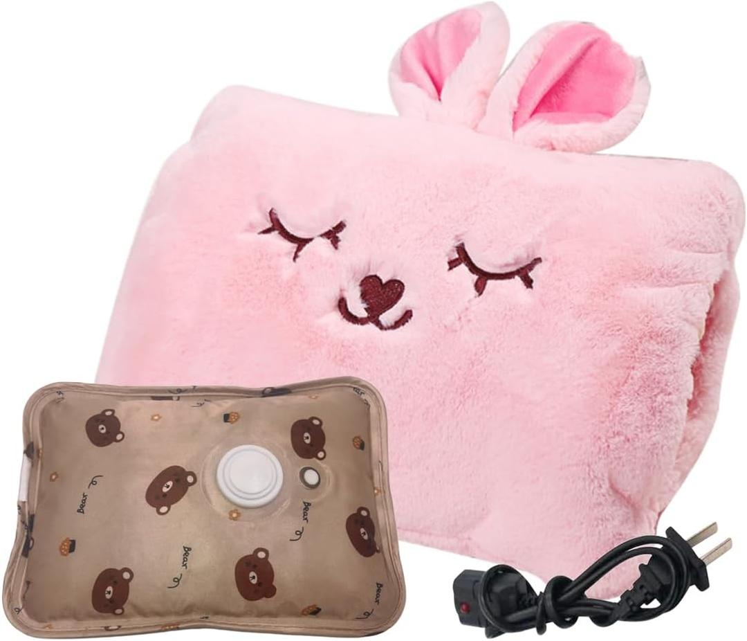 Cute Hot Water Bottle with Soft CoverPortable Rechargeable Electric Hot Water Bag for Menstrual CrampsHot Compress Heating Pad,Plush Bunny Hand WarmerSpring Impressive Gift