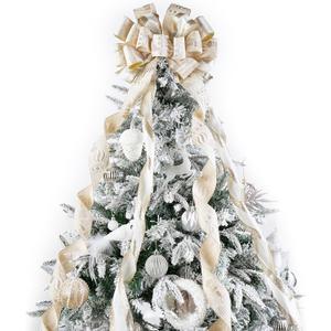 Ivory and Champagne Gold Christmas Tree Topper Bow 13 x 53 Inch Large With Streamer and Bauble Patterns for Xmas Tree Wreaths Door Staircase Home Decor