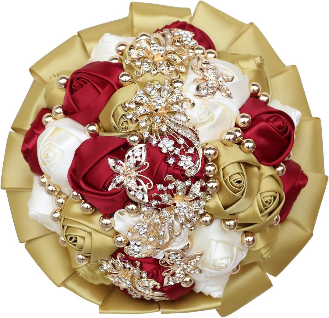 WIFELAI-A Golden Rhinestone Brooch Wedding Flowers Bridal Bouquets Crystal Bride Holding Bouquet White Ivory Satin Roses with Diamond